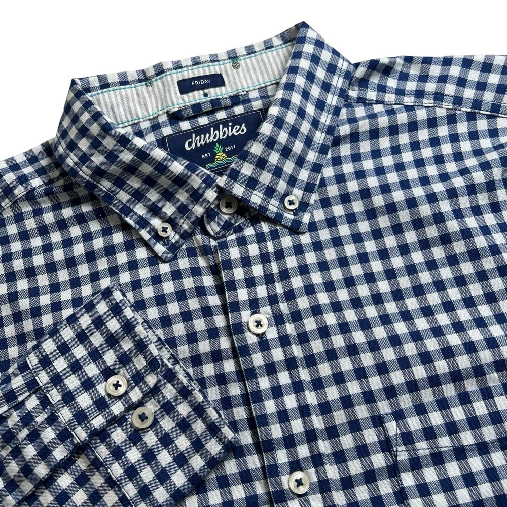 Chubbies Mens M Blue Gingham Check Friday Long Sleeve Button Down Flannel Shirt